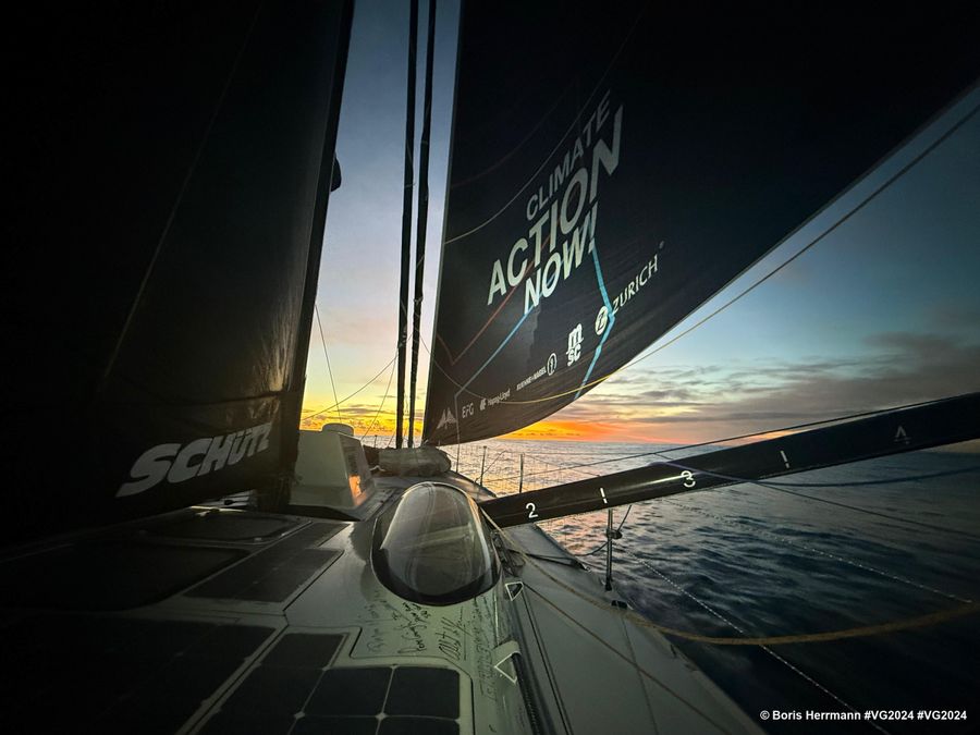 Photo sent from the boat Malizia - Seaexplorer during the Vendee Globe sailing race on November 30, 2024. Photo credit: skipper Boris Herrmann. Sunrise.