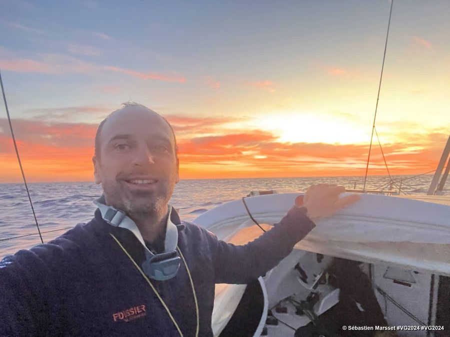 Photo sent from the boat FOUSSIER during the Vendee Globe sailing race on November 30, 2024. Photo credit: skipper Sébastien Marsset. Sunrise