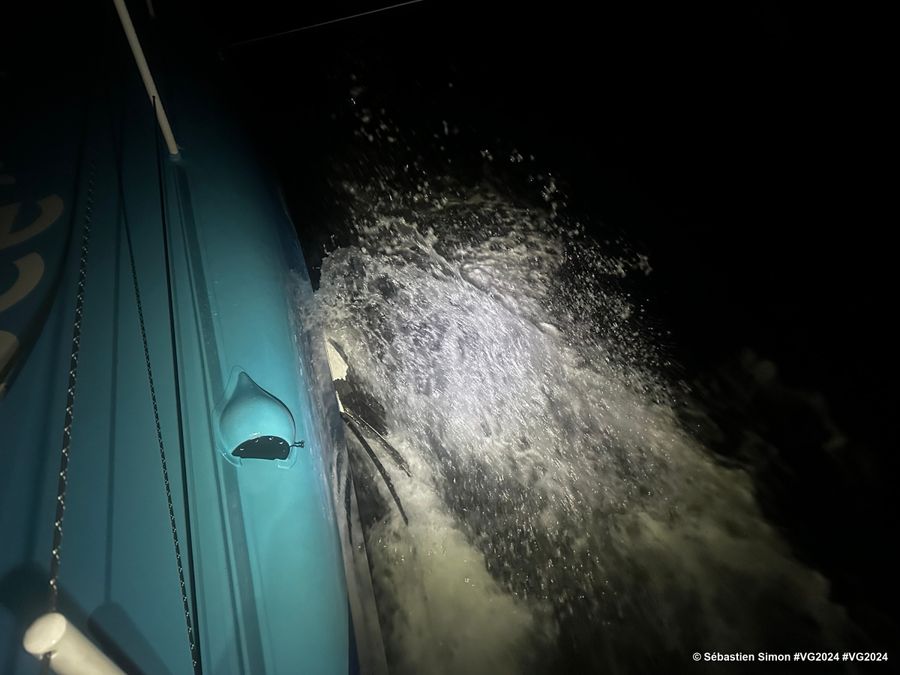 Photo sent from the boat Groupe Dubreuil during the Vendee Globe sailing race on December 08, 2024. Photo credit: skipper Sébastien Simon. Broken starboard foil.