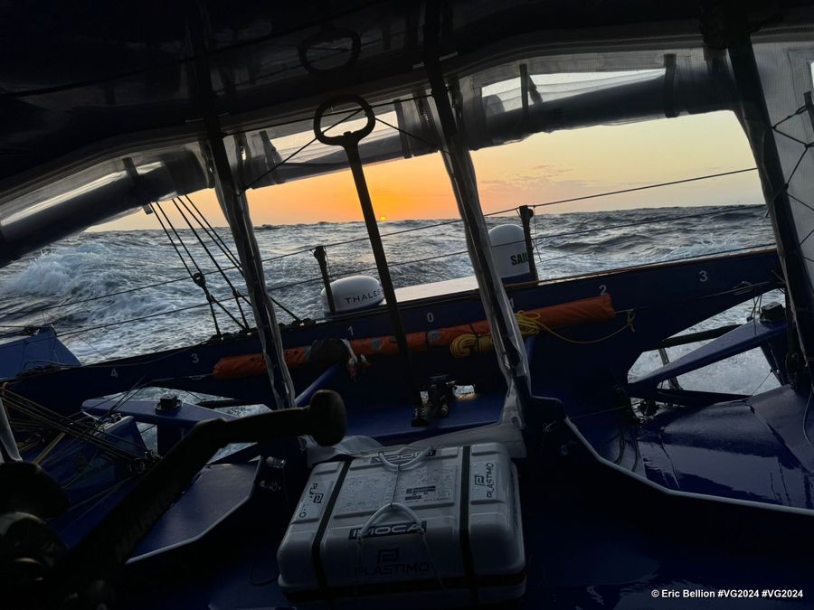 Photo sent from the boat STAND AS ONE - Altavia during the Vendee Globe sailing race on December 09, 2024. Photo credit: skipper Eric Bellion. Sunset