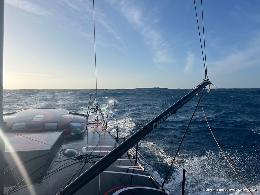Photo sent from the boat Charal during the Vendee Globe sailing race on December 10, 2024. Photo credit: skipper Jérémie Beyou