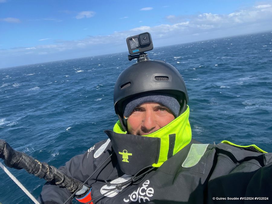 Photo sent from the boat Freelance.com during the Vendee Globe sailing race on December 05, 2024. Photo credit: skipper Guirec Soudée. Man in the mast