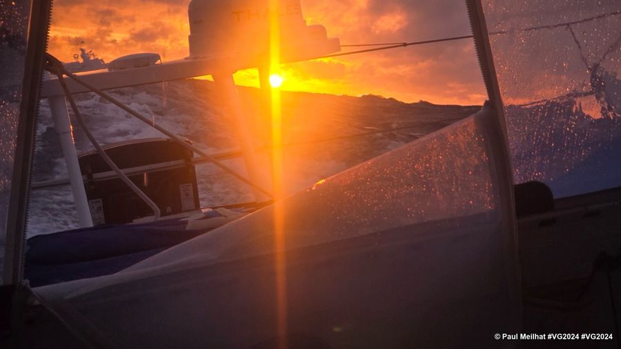Photo sent from the boat Biotherm during the Vendee Globe sailing race on December 16, 2024. Photo credit: skipper Paul Meilhat. Sunrise