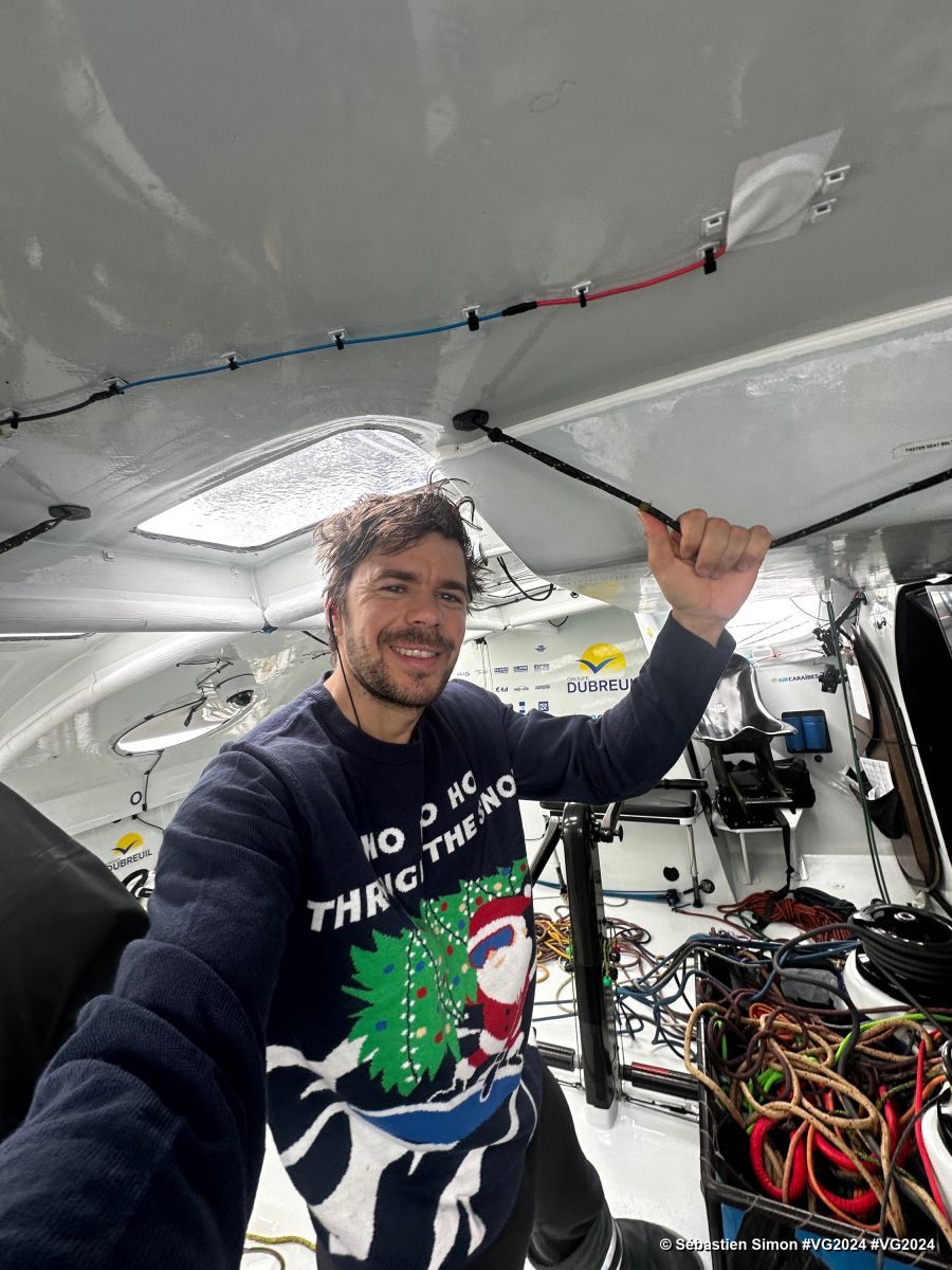 Photo sent from the boat Groupe Dubreuil during the Vendee Globe sailing race on December 20, 2024. Photo credit: skipper Sébastien Simon. Christmas is coming!