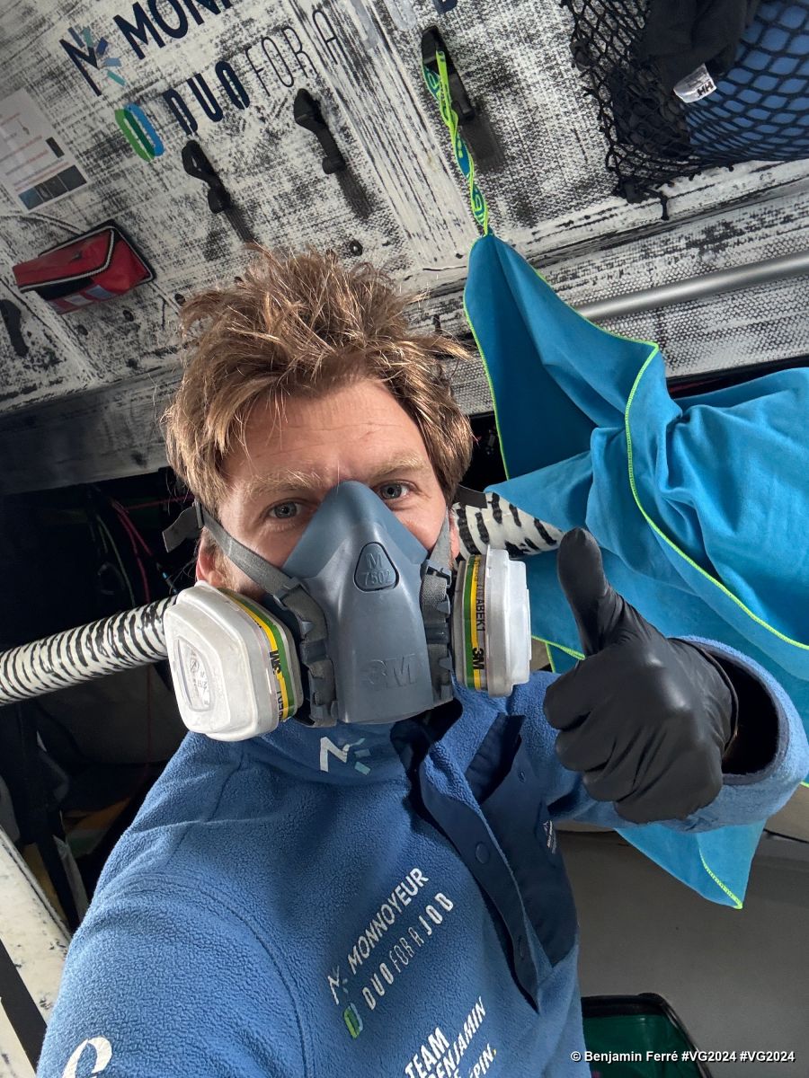 Photo sent from the boat Monnoyeur - DUO for a JOB during the Vendee Globe sailing race on December 21, 2024. Photo credit: skipper Benjamin Ferré.<br />Let the glassing begin! Maintenance never stops.