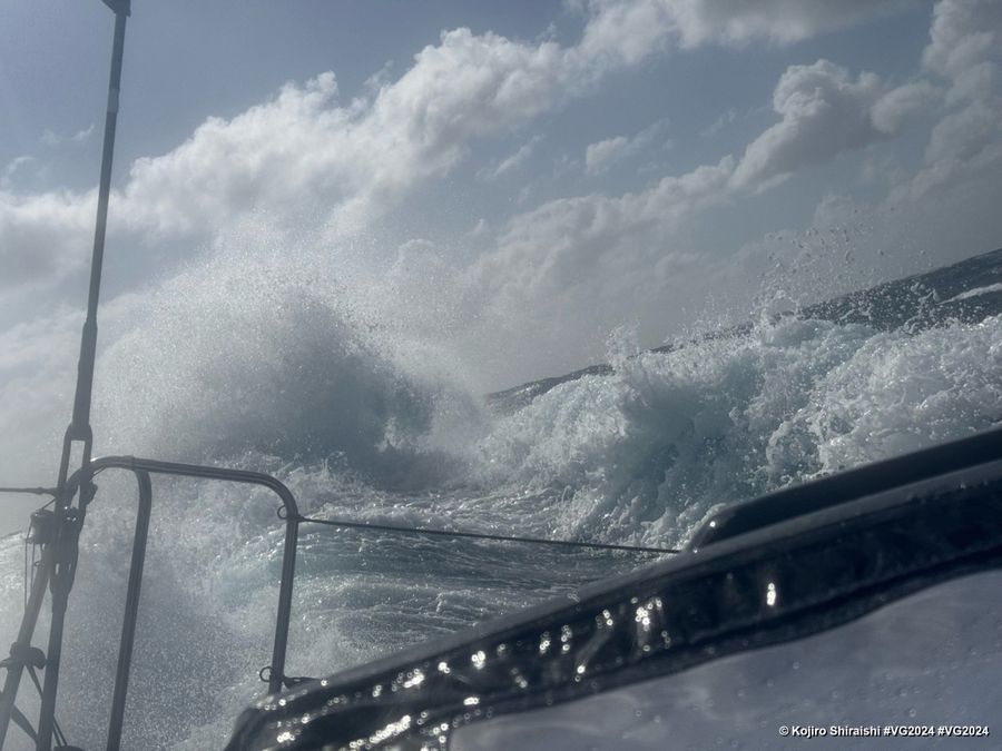 Photo sent from the boat DMG MORI Global One during the Vendee Globe sailing race on December 21, 2024. Photo credit: skipper Kojiro Shiraishi. Waves