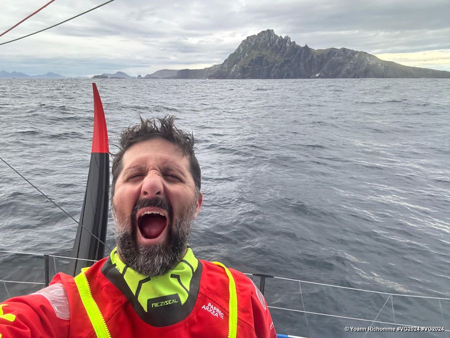 Photo sent from the boat PAPREC ARKÉA during the Vendee Globe sailing race on December 23, 2024. Photo credit: skipper Yoann Richomme. Rounding Cape Horn.