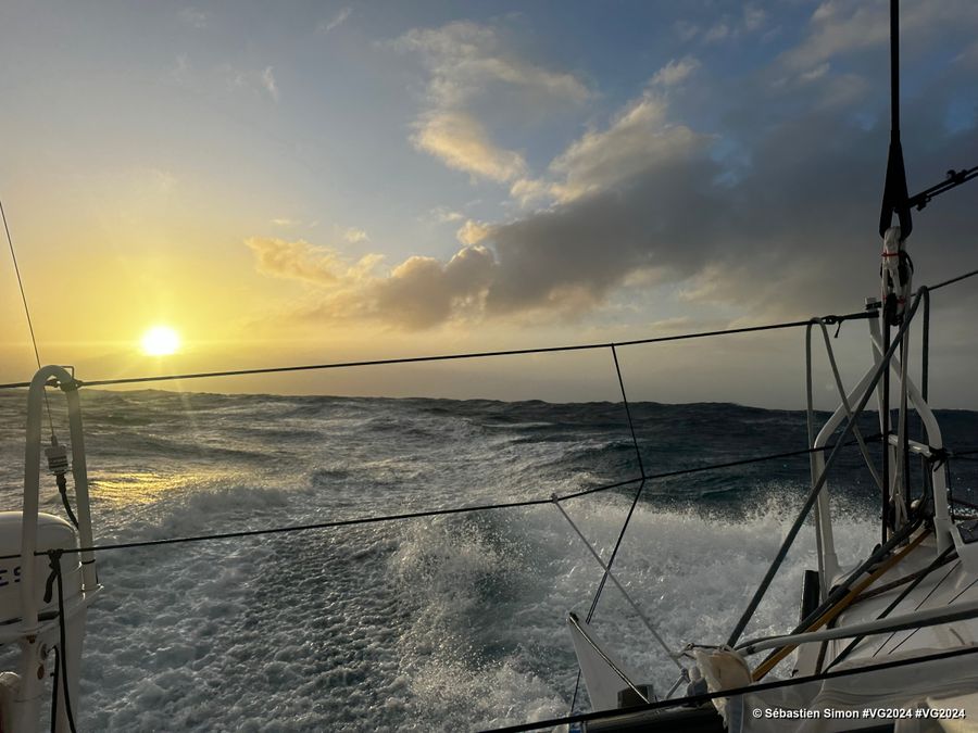 Photo sent from the boat Groupe Dubreuil during the Vendee Globe sailing race on December 24, 2024. Photo credit: skipper Sébastien Simon. sunset