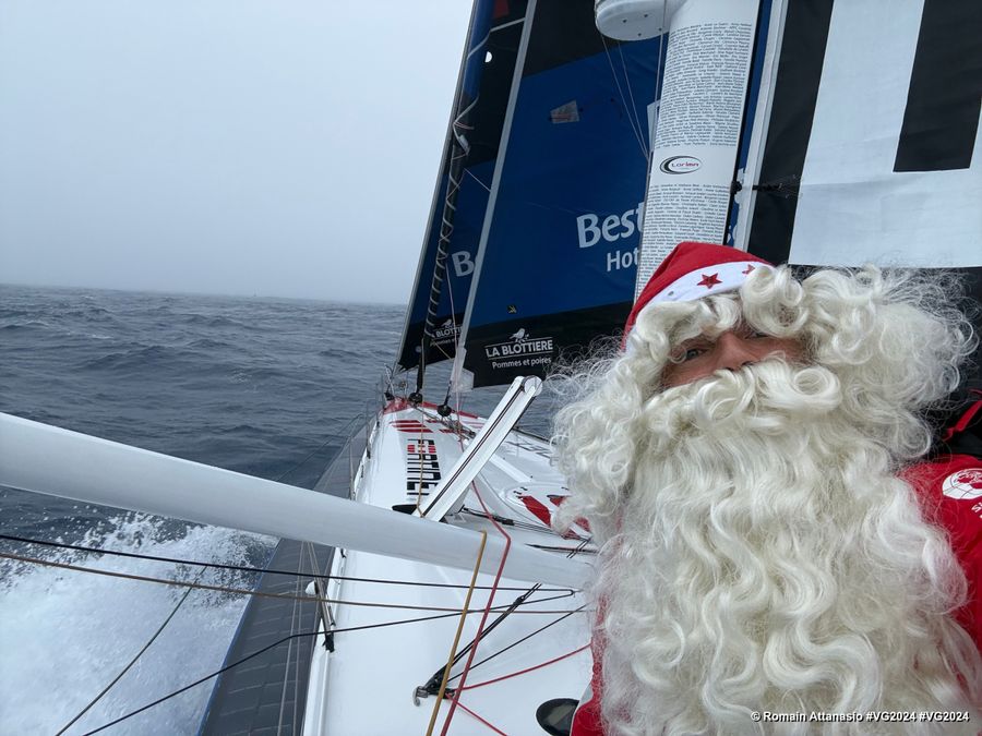 Photo sent from the boat Fortinet - Best Western during the Vendee Globe sailing race on December 24, 2024. Photo credit: skipper Romain Attanasio. I think the best Christmas get-up on the Vendée