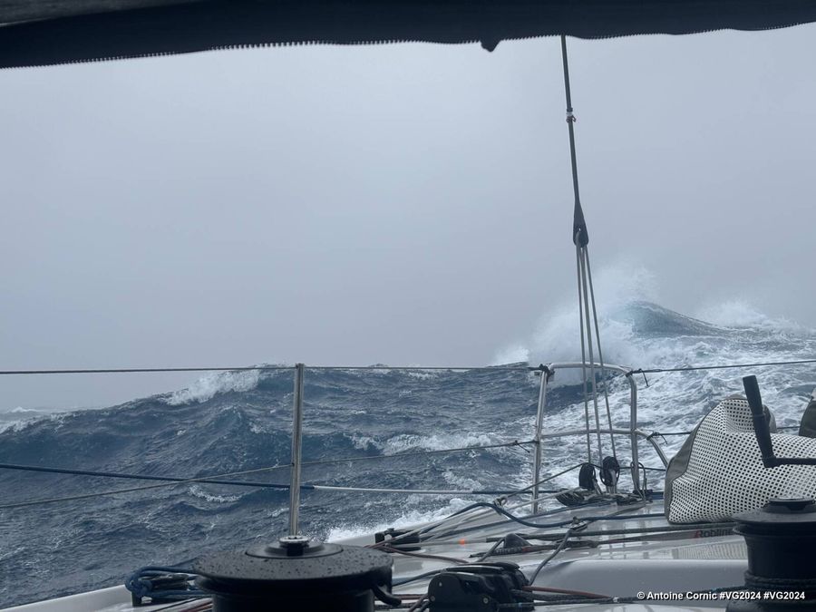 Photo sent from the boat HUMAN Immobilier during the Vendee Globe sailing race on December 26, 2024. Photo credit: skipper Antoine Cornic. Waves