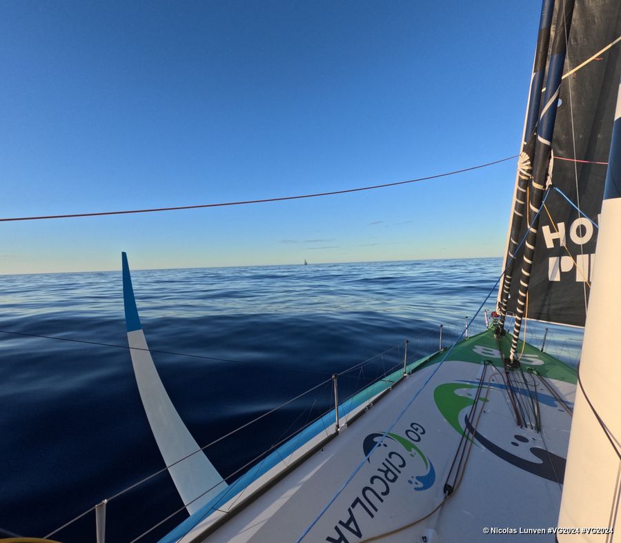 Photo sent from the boat HOLCIM - PRB during the Vendee Globe sailing race on December 29, 2024. Photo credit: skipper Nicolas Lunven. Charal skipper Jérémie Beyou (FRA) in sight