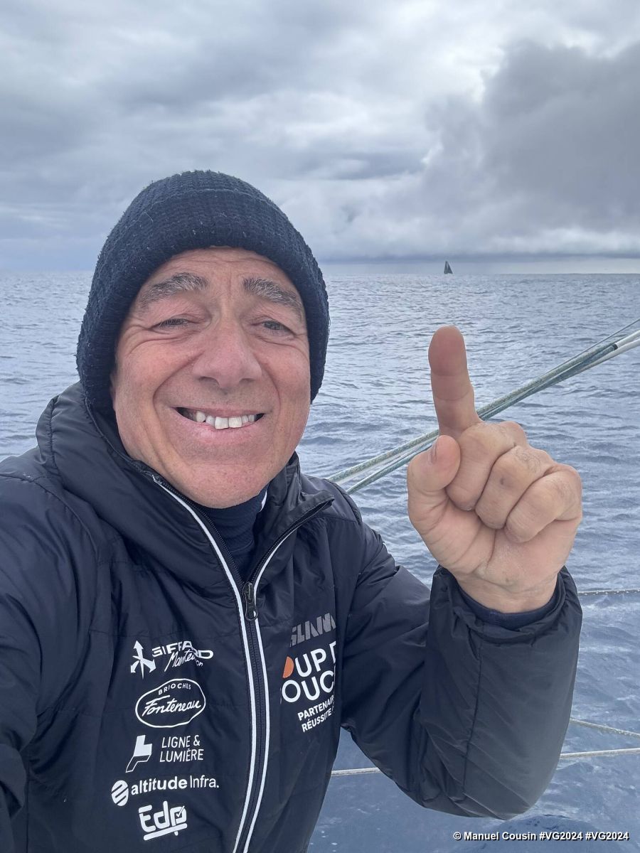 Photo sent from the boat Coup de Pouce during the Vendee Globe sailing race on January 02, 2025. Photo credit: skipper Manuel Cousin. Nexans - Wewise skipper Fabrice Amedeo (FRA) in sight