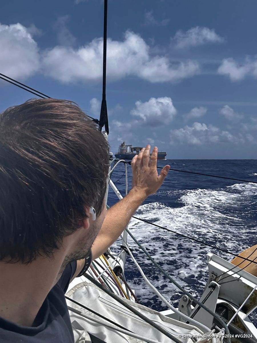 Photo sent from the boat Groupe Dubreuil during the Vendee Globe sailing race on January 05, 2024. Photo credit: skipper Sébastien Simon. Cargo ships!