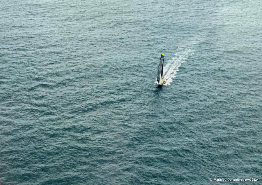 Photo of the boat Tout Commence en Finistère - Armor Lux skipper Jean le Cam (FRA), off Falkland islands, during the Vendee Globe sailing race and shot from the plane of Marielou Delignières, on January 5, 2025. Photo credit: Marielou Delignières