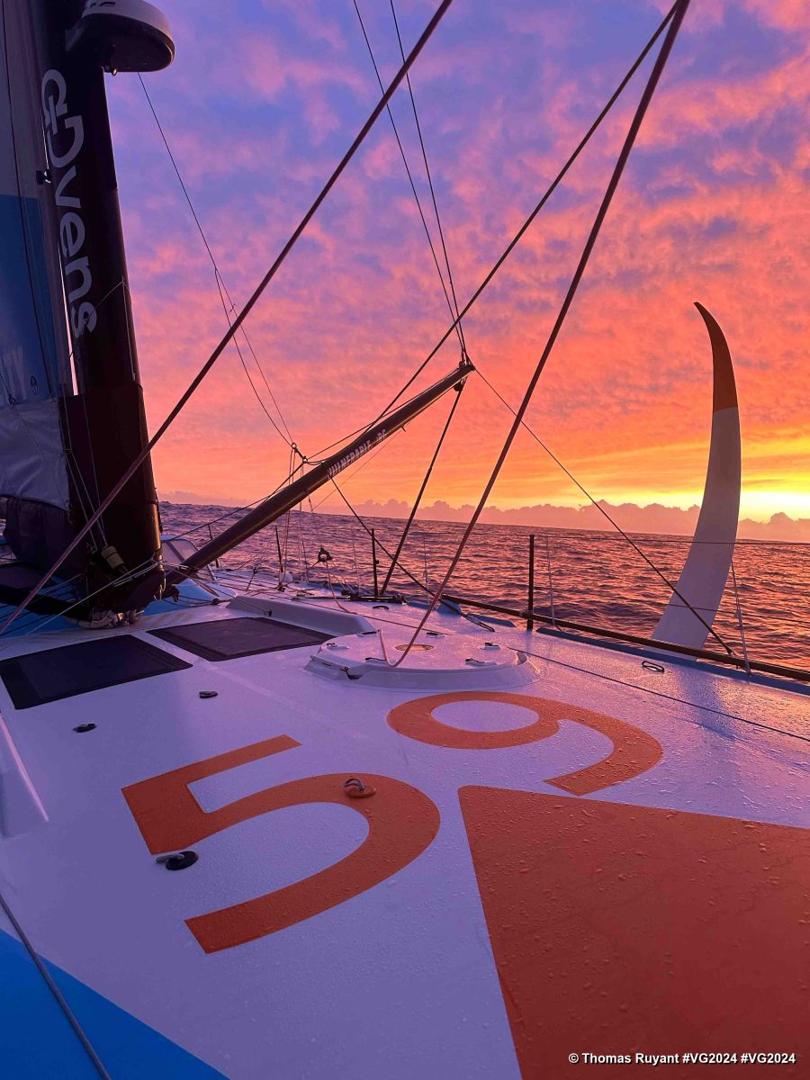 Photo sent from the boat VULNERABLE skipper Thomas Ruyant (FRA) during the Vendee Globe sailing race on December 06, 2024. Photo credit: skipper Thomas Ruyant. Sunset