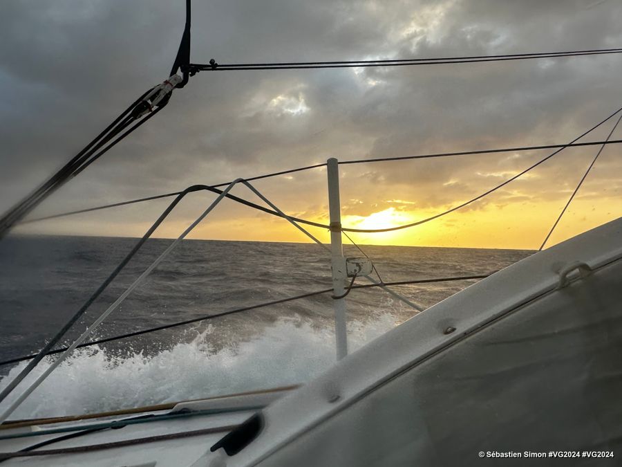 Photo sent from the boat Groupe Dubreuil during the Vendee Globe sailing race on January 08, 2024. Photo credit: skipper Sébastien Simon