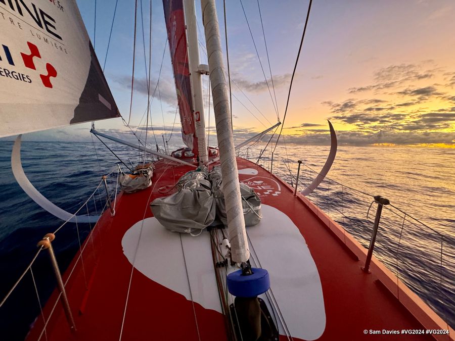 Photo sent from the boat Initiatives-Coeur during the Vendee Globe sailing race on January 08, 2025. Photo credit: skipper Sam Davies. Sunset