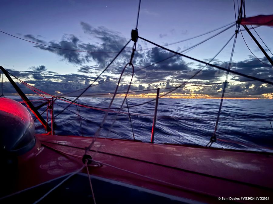Photo sent from the boat Initiatives-Coeur during the Vendee Globe sailing race on January 08, 2025. Photo credit: skipper Sam Davies. Sunset