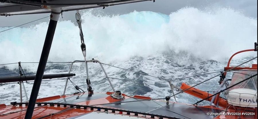 Photo sent from the boat Singchain Team Haikou during the Vendee Globe sailing race on January 10, 2024. Photo credit: skipper Jingkun Xu. Waves