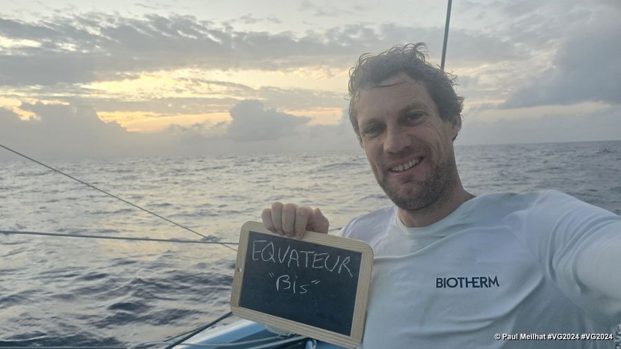 Photo sent from the boat Biotherm during the Vendee Globe sailing race on January 13, 2025. Photo credit: skipper Paul Meilhat. Equator.
