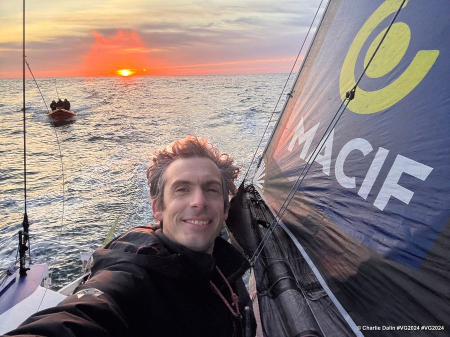 MACIF Santé Prévoyance skipper Charlie Dalin (FRA) is photographed during his last run of the Vendee Globe, on January 13, 2025 off Penmarc’h, France - Photo credirt: Olivier Blanchet / Alea