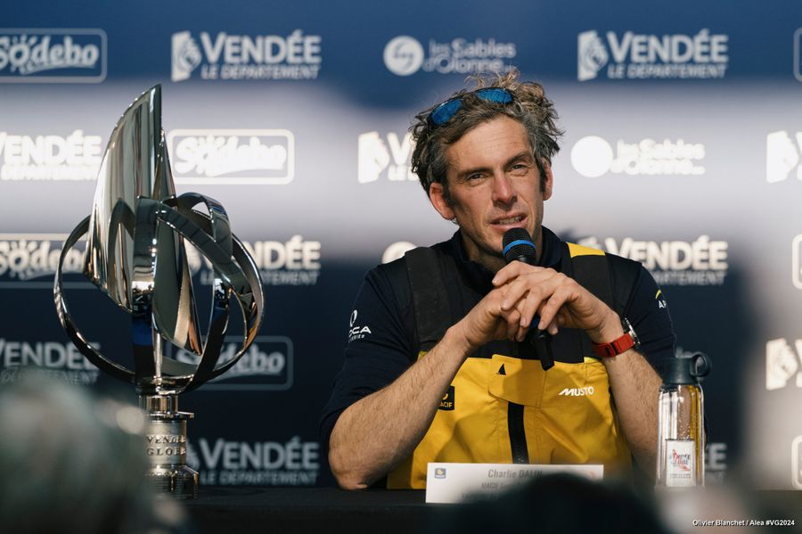 MACIF Santé Prévoyance skipper Charlie Dalin (FRA) is photographed with trophy during his press conference, after winning the Vendee Globe, on January 14, 2025 in Les Sables d'Olonne, France - Photo credit: Olivier Blanchet / Alea