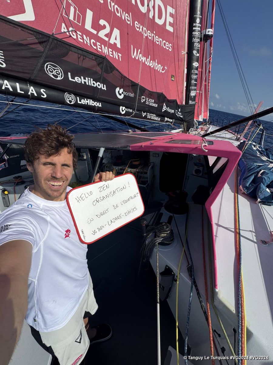 Photo sent from the boat Lazare during the Vendee Globe sailing race on January 21, 2024. Photo credit: skipper Tanguy Le Turquais. At the Equator