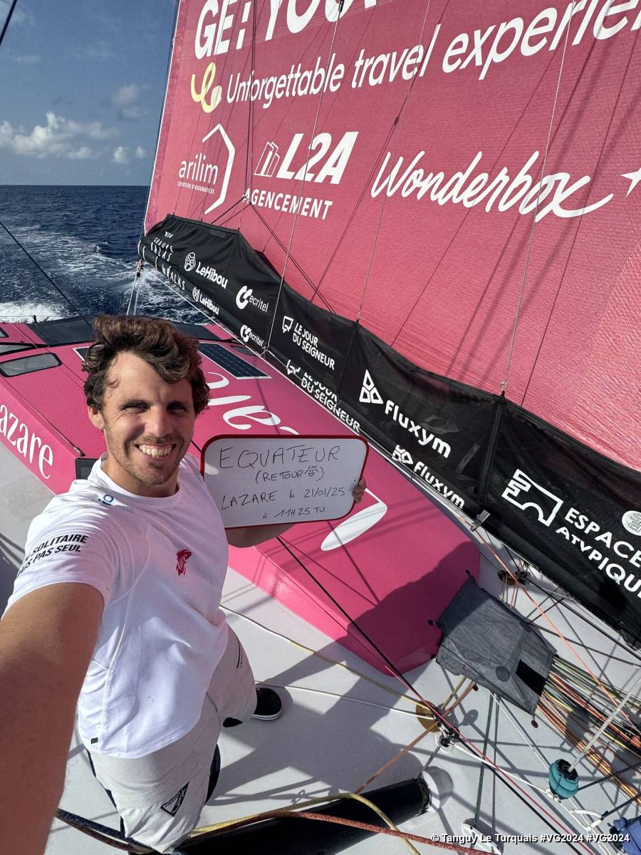 Photo sent from the boat Lazare during the Vendee Globe sailing race on January 21, 2024. Photo credit: skipper Tanguy Le Turquais. Equator