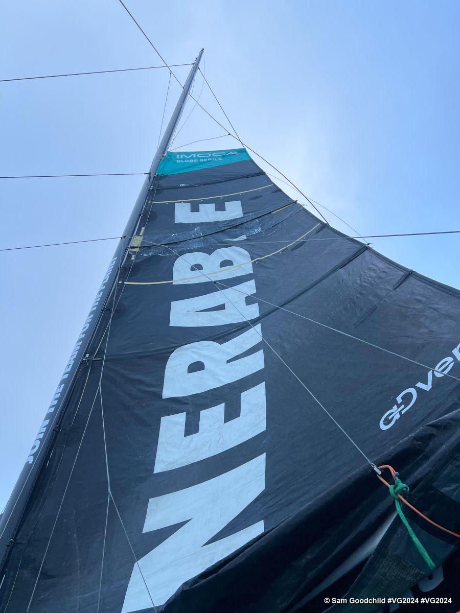 Photo sent from the boat VULNERABLE SG during the Vendee Globe sailing race on January 22, 2025. Photo credit: skipper Sam Goodchild. Mainsail repaired