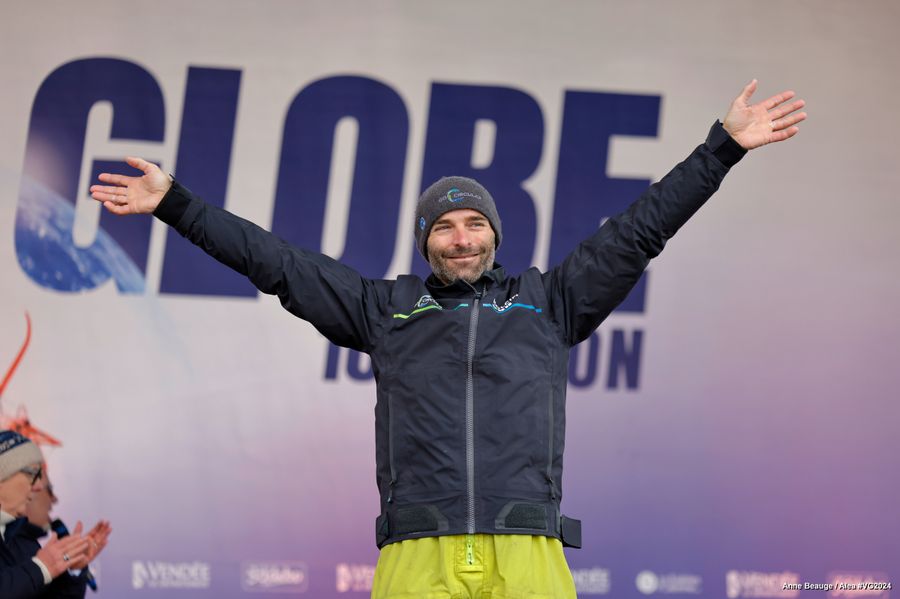 HOLCIM - PRB skipper Nicolas Lunven (FRA) and VULNERABLE skipper Thomas Ruyant (FRA) are photographed on the stage of the Vendee Globe, on January 25, 2025 in Les Sables d'Olonne, France - Photo credit: Anne Beauge / Alea