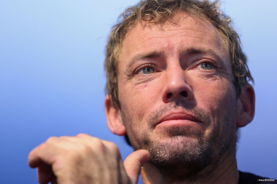 VULNERABLE skipper Thomas Ruyant (FRA) is photographed during his press conference after taking 7th place in the Vendee Globe, on January 25, 2025 in Les Sables d'Olonne, France