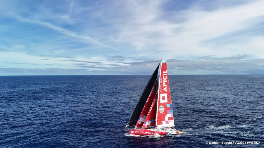 Photo sent from the boat Groupe APICIL during the Vendee Globe sailing race on January 28, 2025. Photo credit: skipper Damien Seguin. Drone images
