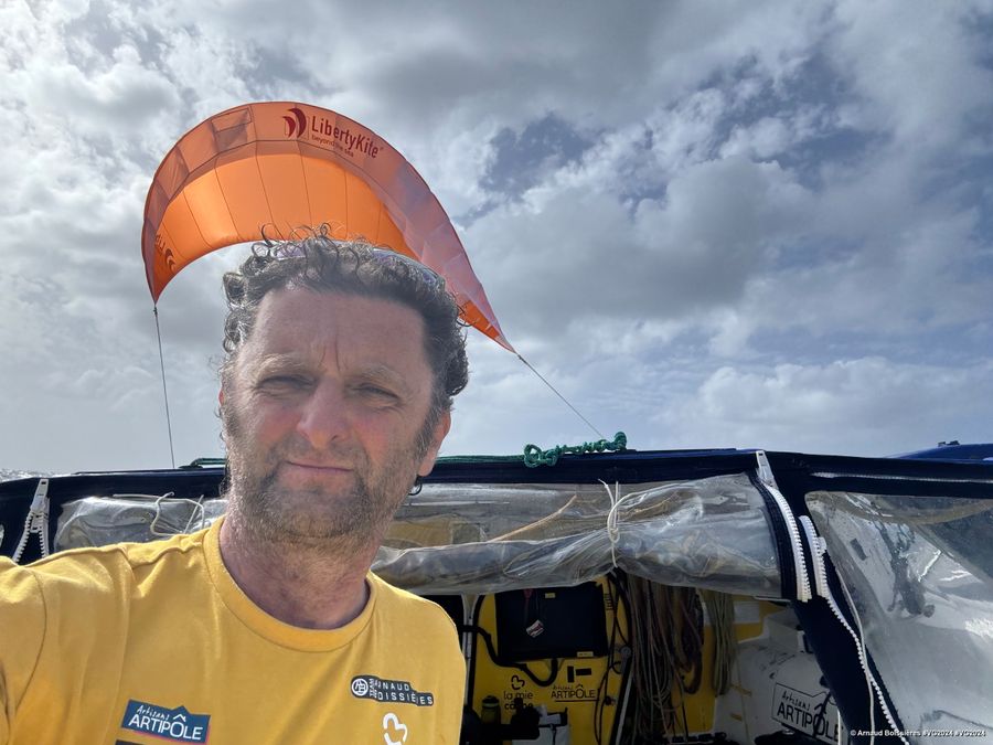 Photo sent from the boat La Mie Caline during the Vendee Globe sailing race on January 30, 2025. Photo credit: skipper Arnaud Boissières. Dismasted boat is using a Liberty Kite