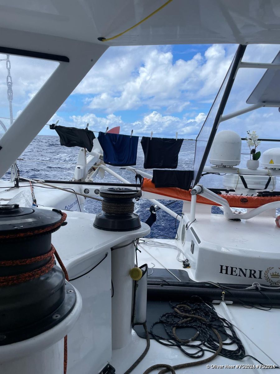 Photo sent from the boat Tut Gut. Sailing during the Vendee Globe sailing race on January 31, 2025. Photo credit: skipper Oliver Heer. Underwear management!