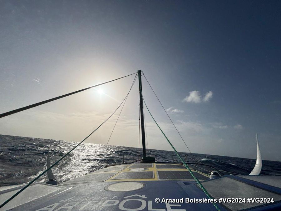 Photo sent from the boat La Mie Caline during the Vendee Globe sailing race on February 02, 2025. Photo credit: skipper Arnaud Boissières. Boat under jury rigging