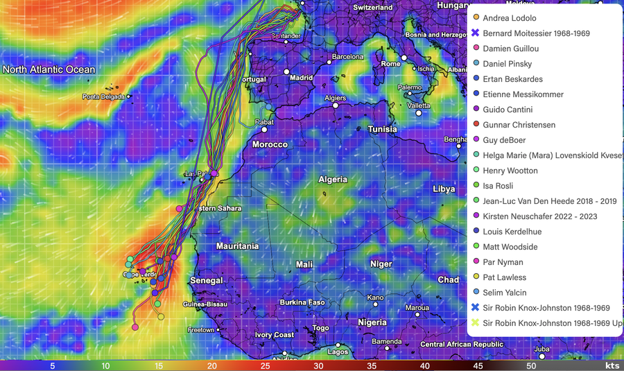 Map with wind speed overlay, and Yacht locations. 11:02am NZT, 26/09/2026